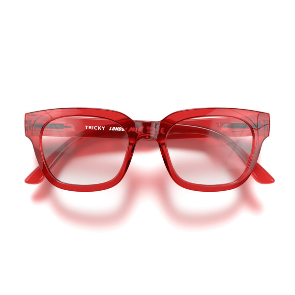 Tricky reading glasses in transparent red