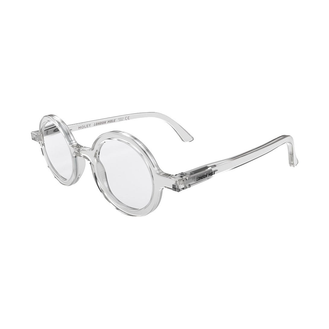 Open skew - Moley Blue Blocker Glasses featuring an eccentrically round, transparent frame and the ability to protect your eyes from artificial blue light. Ideal for fashion accessories, screen time, office work, gaming, scrolling on a mobile, and watching TV. 