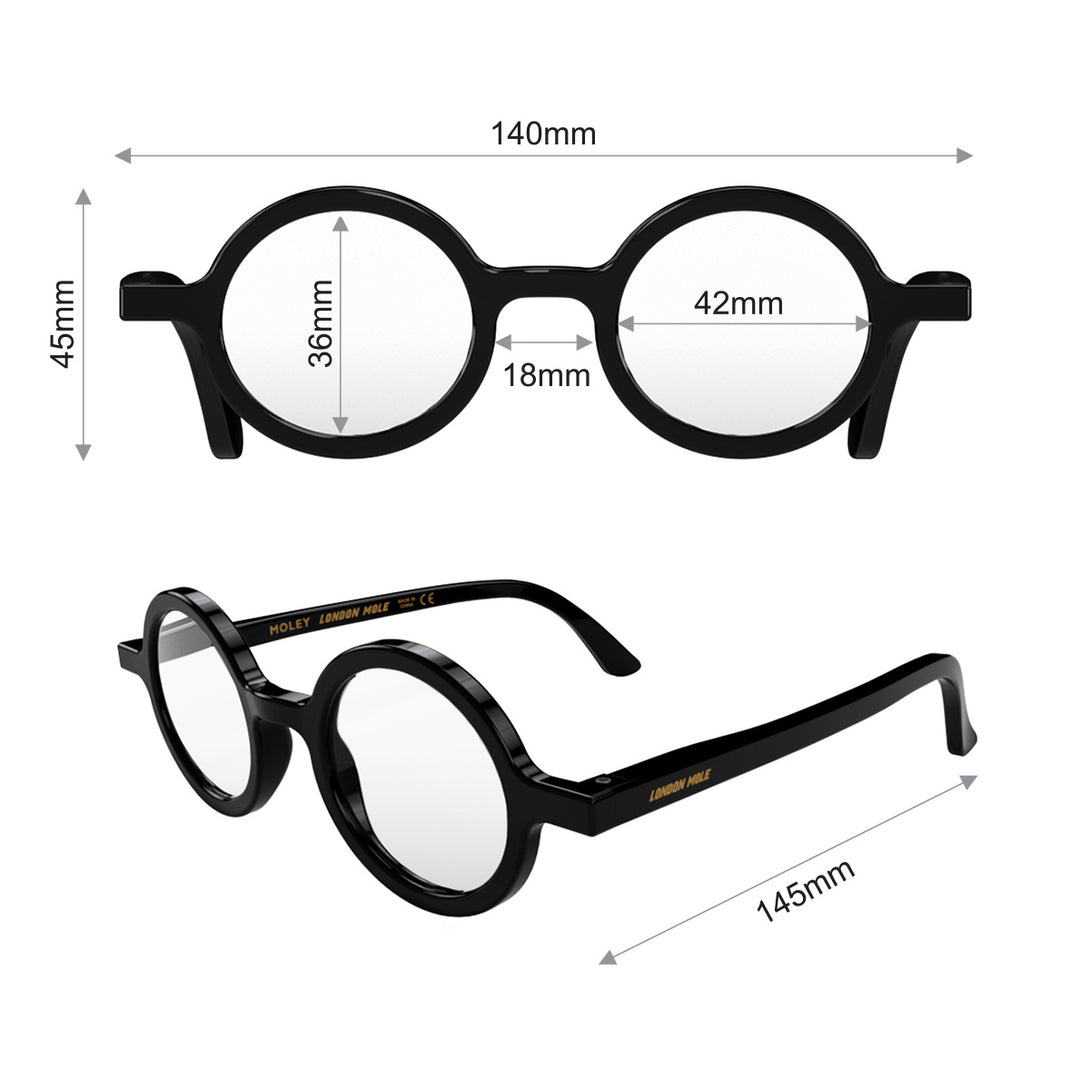 Dimension - Moley Reading Glasses in gloss black featuring an eccentrically round frame and provide crystal clear vision. Available in a + 1, 1.5, 2, 2.5, 3 prescriptions.