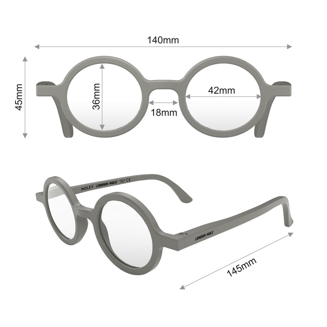 Dimensions - Moley Blue Blocker Glasses in matt grey featuring an eccentrically round frame and the ability to protect your eyes from artificial blue light. Ideal for fashion accessories, screen time, office work, gaming, scrolling on a mobile, and watching TV. 