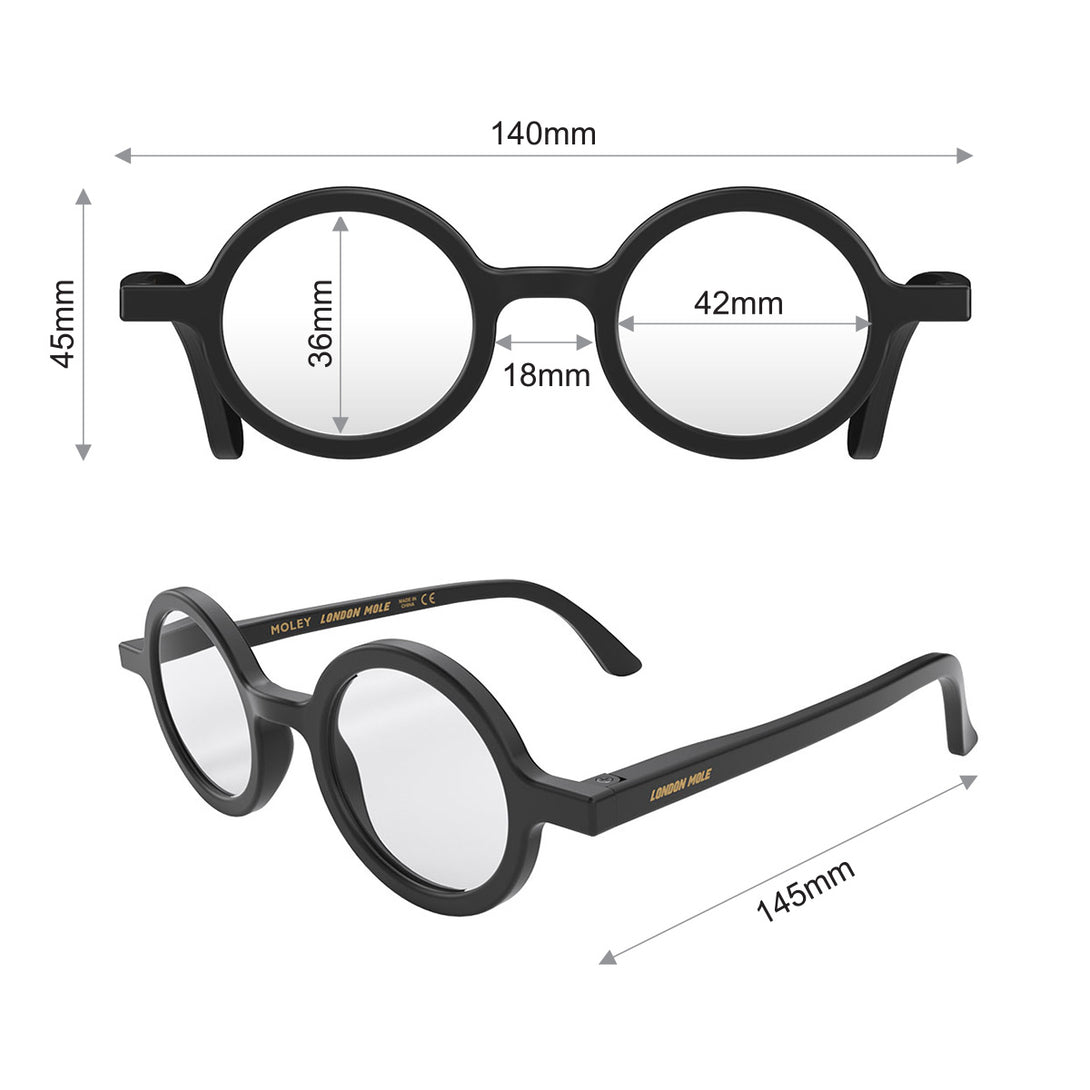 Dimension - Moley Blue Blocker Glasses in matt black featuring an eccentrically round frame and the ability to protect your eyes from artificial blue light. Ideal for fashion accessories, screen time, office work, gaming, scrolling on a mobile, and watching TV. 