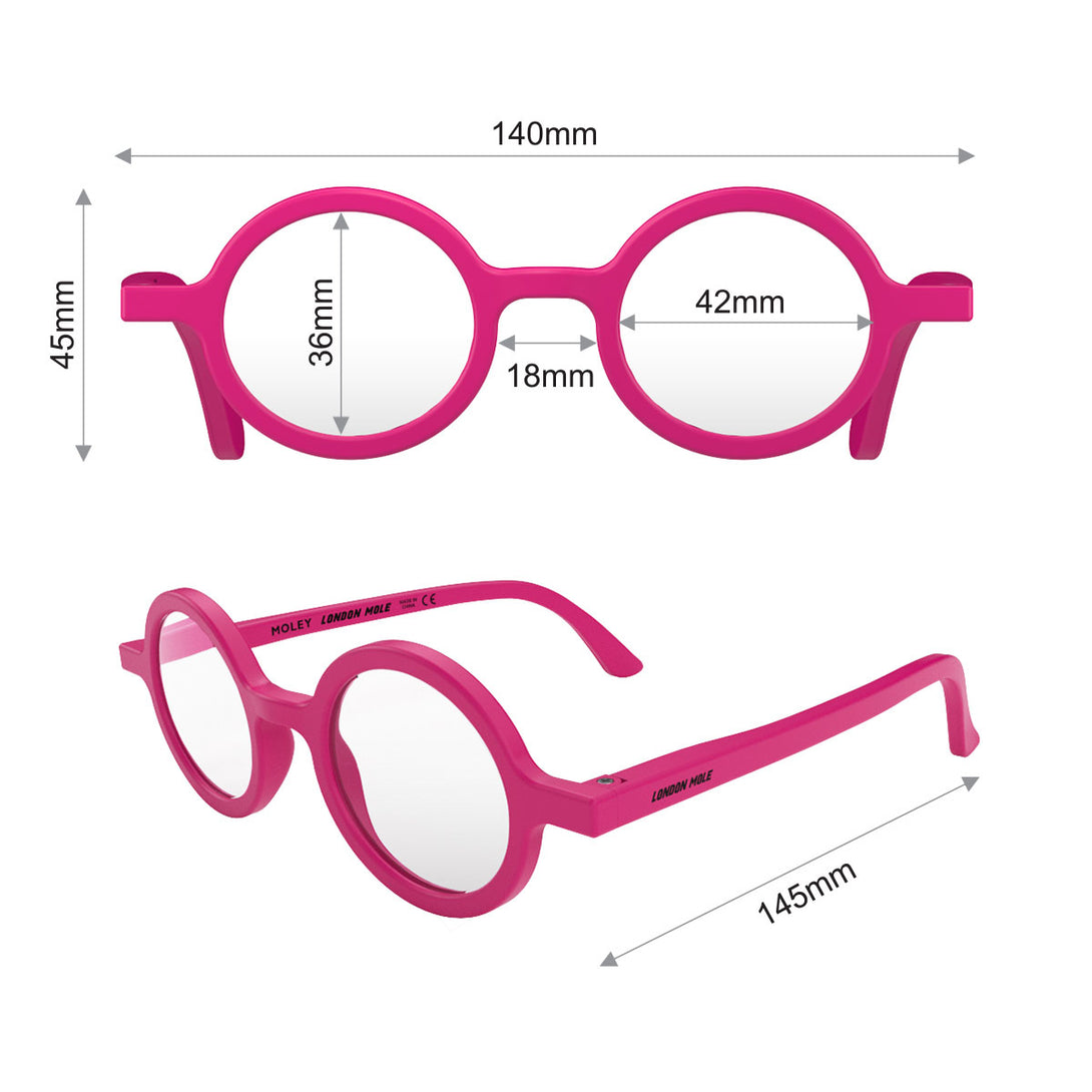 Dimensions - Moley Blue Blocker Glasses in matt pink featuring an eccentrically round frame and the ability to protect your eyes from artificial blue light. Ideal for fashion accessories, screen time, office work, gaming, scrolling on a mobile, and watching TV. 