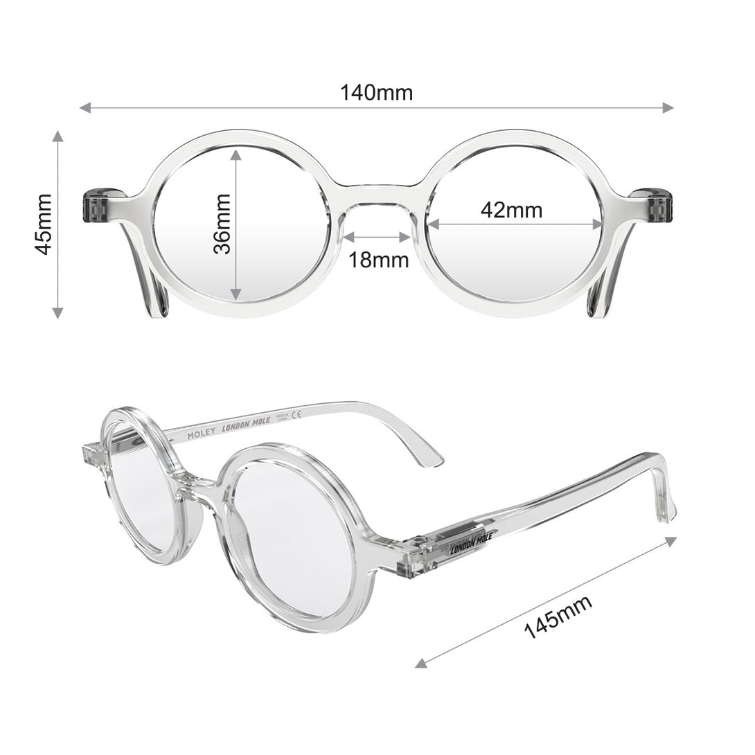 Dimension - Moley Reading Glasses featuring an eccentrically round, transparent frame and provide crystal clear vision. Available in a + 1, 1.5, 2, 2.5, 3 prescriptions.