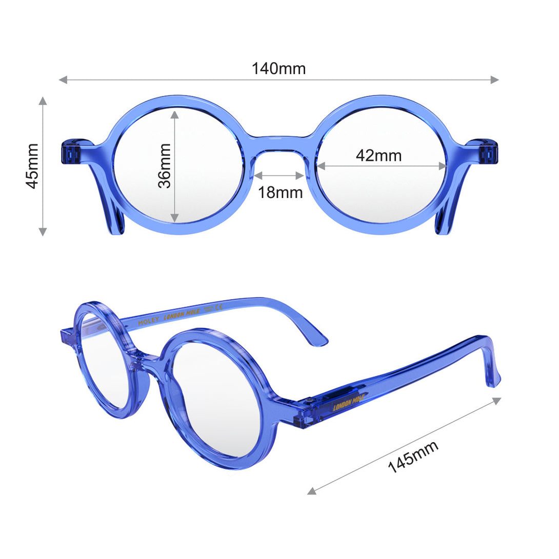 Dimension - Moley Reading Glasses in transparent blue featuring an eccentrically round frame and provide crystal clear vision. Available in a + 1, 1.5, 2, 2.5, 3 prescriptions.