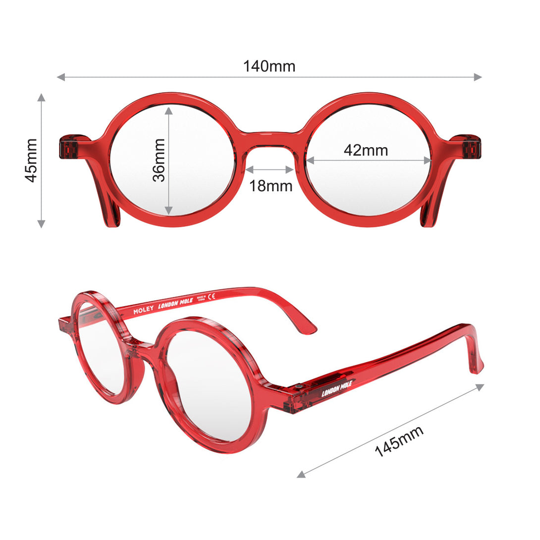 Dimension - Moley Blue Blocker Glasses in transparent red featuring an eccentrically round frame and the ability to protect your eyes from artificial blue light. Ideal for fashion accessories, screen time, office work, gaming, scrolling on a mobile, and watching TV. 