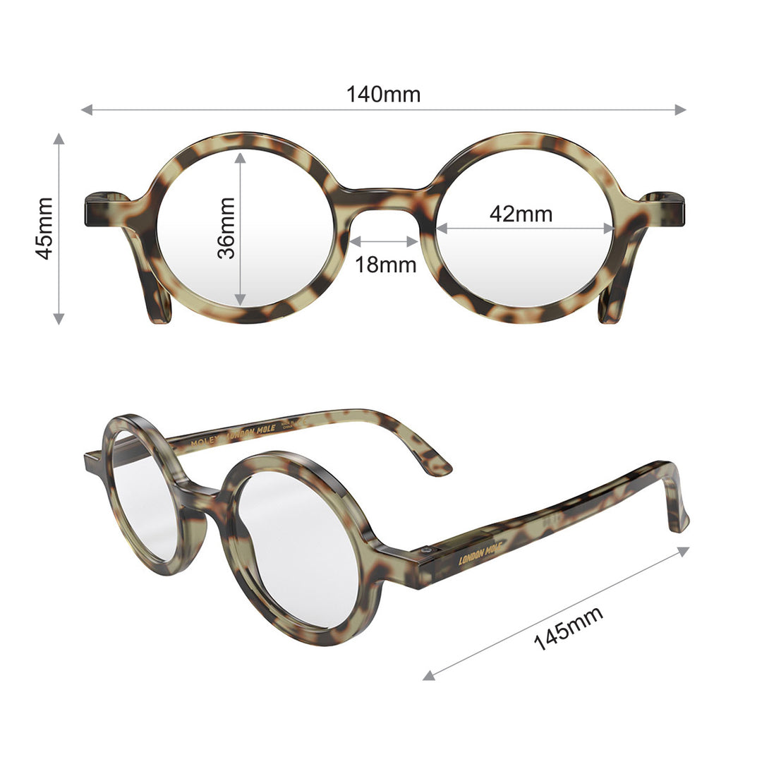 Dimension - Moley Reading Glasses in gloss tortoiseshell featuring an eccentrically round frame and provide crystal clear vision. Available in a + 1, 1.5, 2, 2.5, 3 prescriptions.