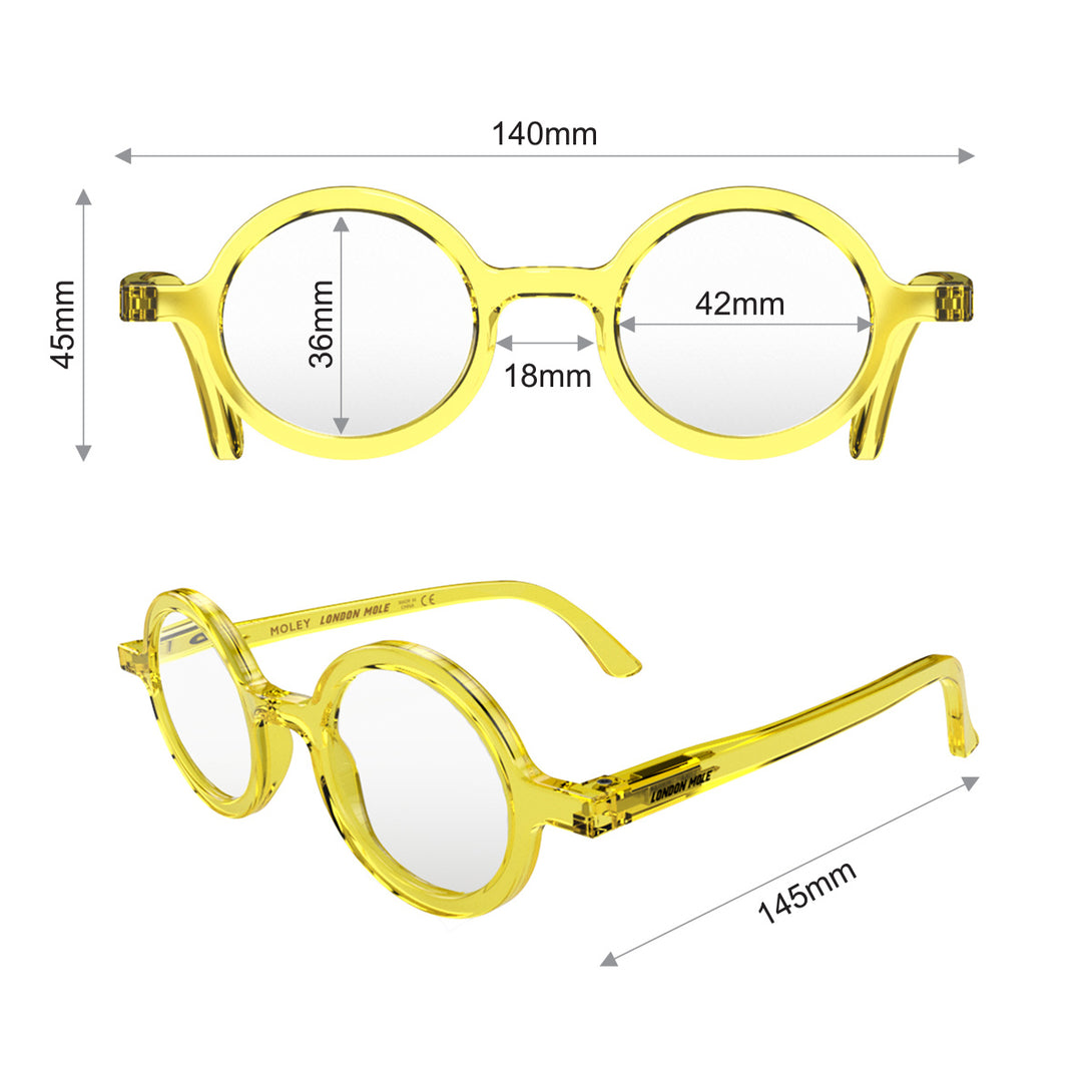 Dimension - Moley Blue Blocker Glasses in transparent yellow featuring an eccentrically round frame and the ability to protect your eyes from artificial blue light. Ideal for fashion accessories, screen time, office work, gaming, scrolling on a mobile, and watching TV. 