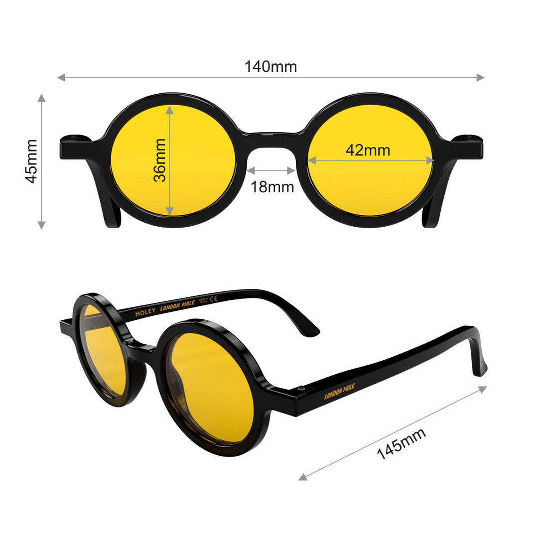 Dimensions - Moly sunglasses gloss black  featuring an eccentrically round frame and yellow UV400 lenses. The perfect accessory.