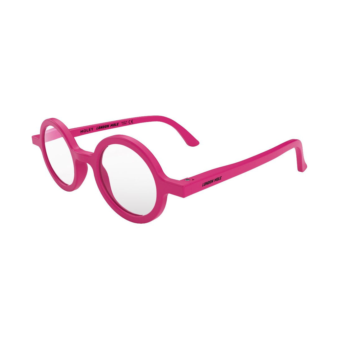 Open Skew - Moley Blue Blocker Glasses in matt pink featuring an eccentrically round frame and the ability to protect your eyes from artificial blue light. Ideal for fashion accessories, screen time, office work, gaming, scrolling on a mobile, and watching TV. 