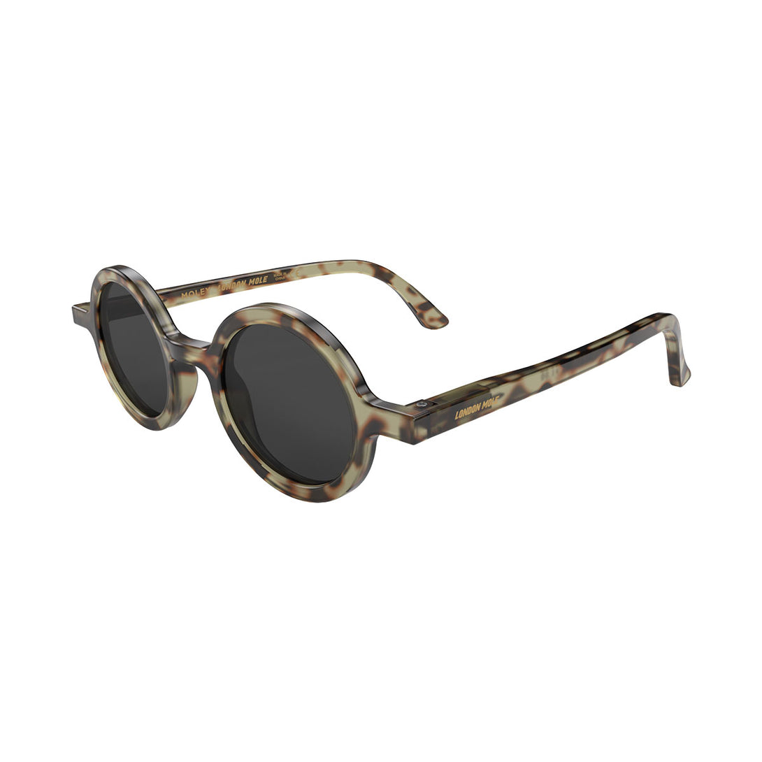 Side view of Moley Sunglasses by London Mole with Grey Tortoise Shell Frames and Black Lenses