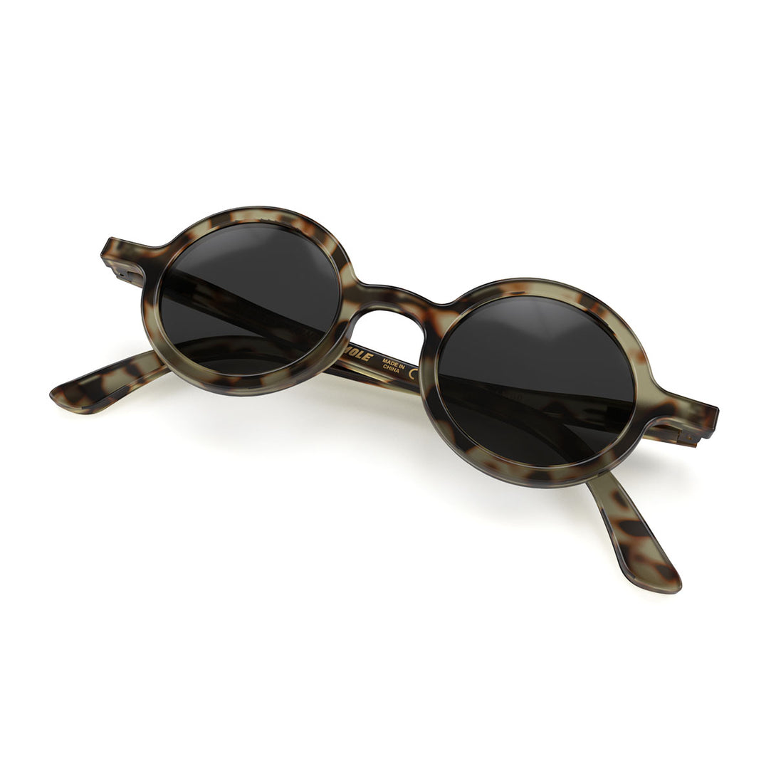Front view folded of Moley Sunglasses by London Mole with Grey Tortoise Shell Frames and Black Lenses