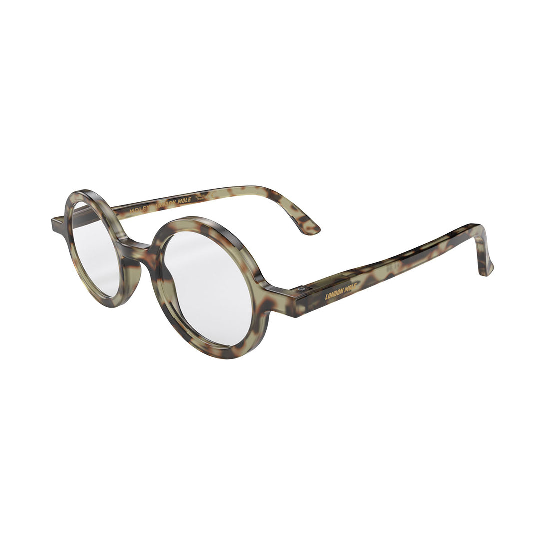Open skew - Moley Blue Blocker Glasses in gloss tortoiseshell featuring an eccentrically round frame and the ability to protect your eyes from artificial blue light. Ideal for fashion accessories, screen time, office work, gaming, scrolling on a mobile, and watching TV. 