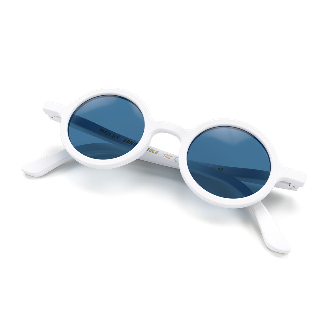 Front view folded of Moley Sunglasses by London Mole with white Frames and blue Lenses