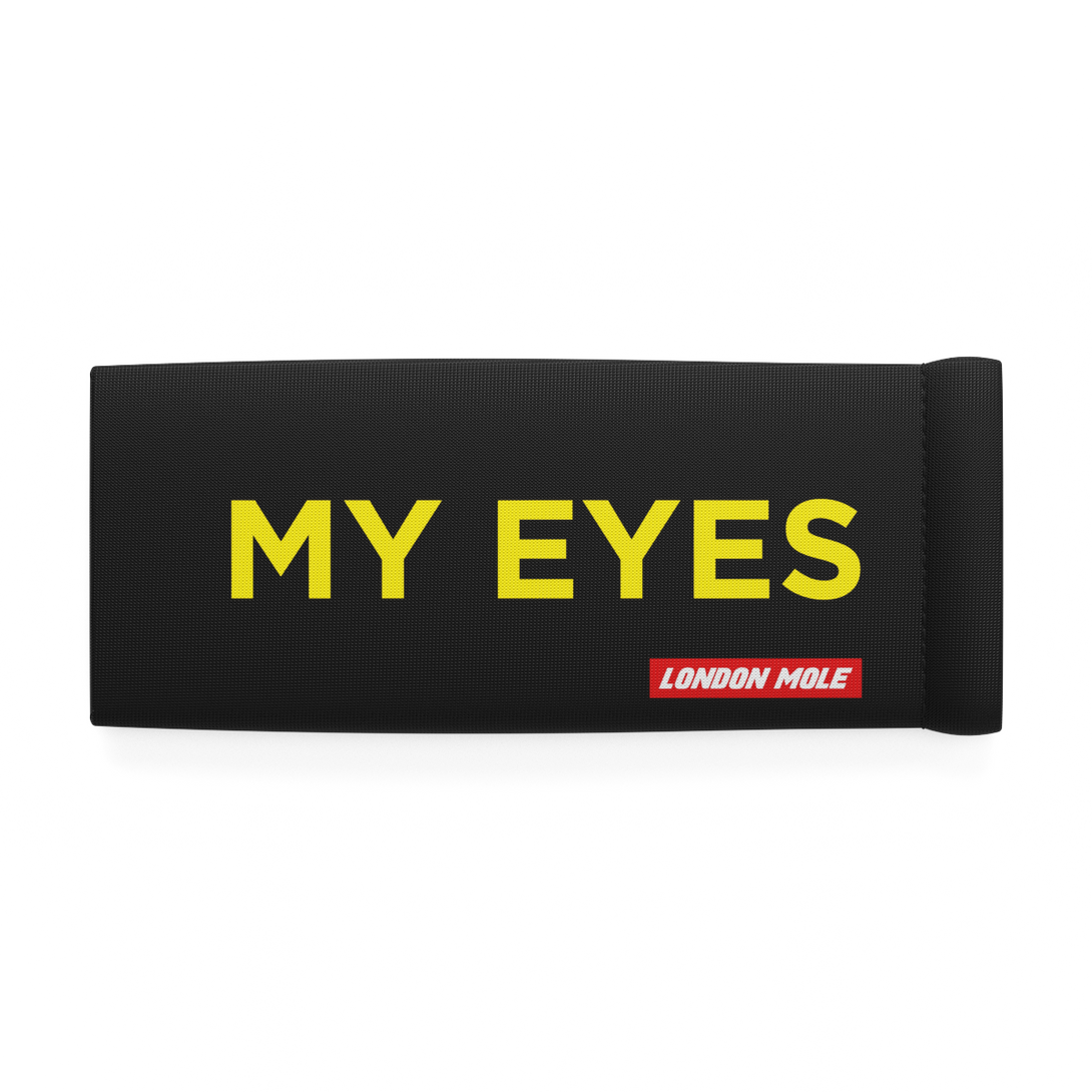My Eyes glasses pouch in black with Yellow text – front on - LMP-EYES-Y