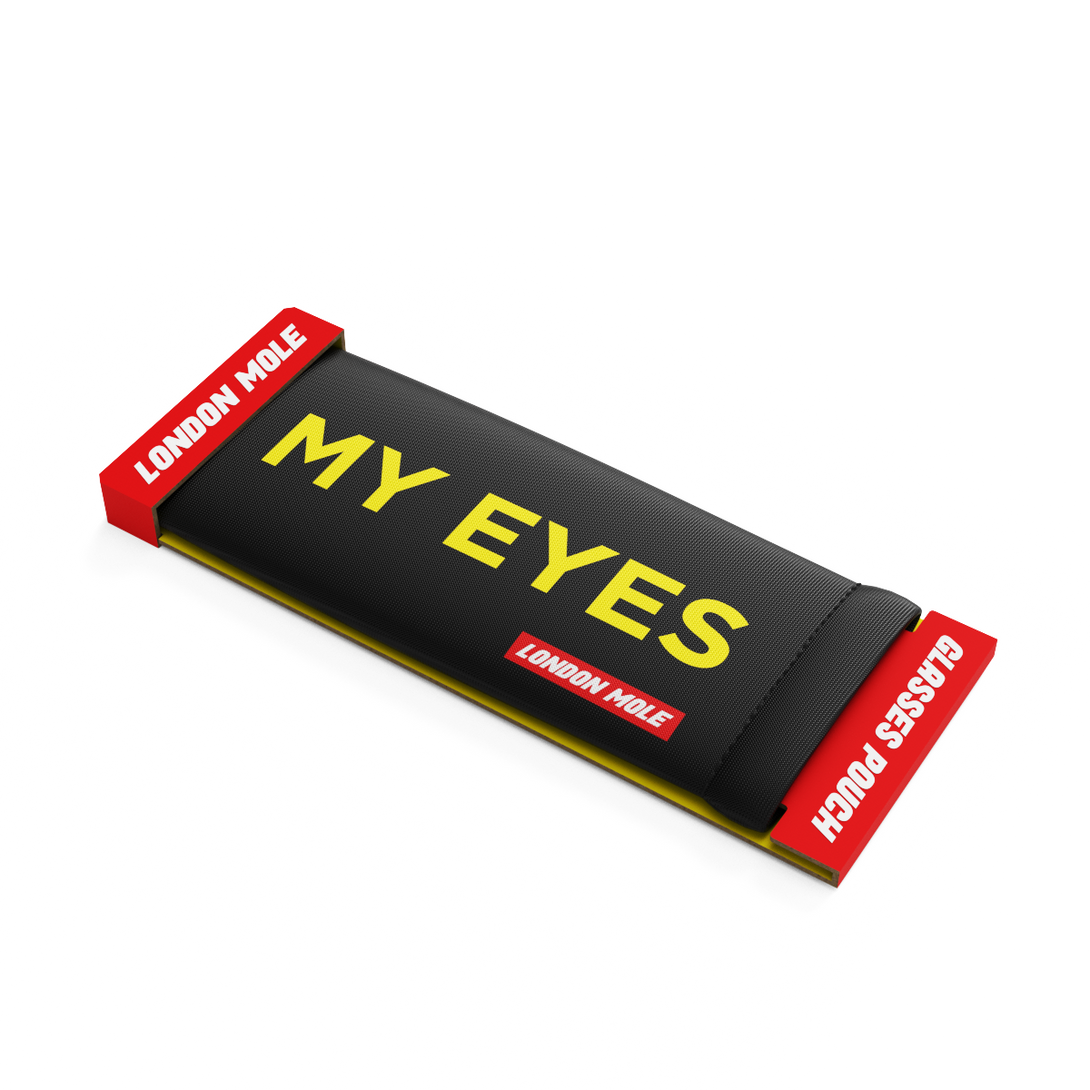 My Eyes glasses pouch in black with Yellow text – in packaging - LMP-EYES-Y