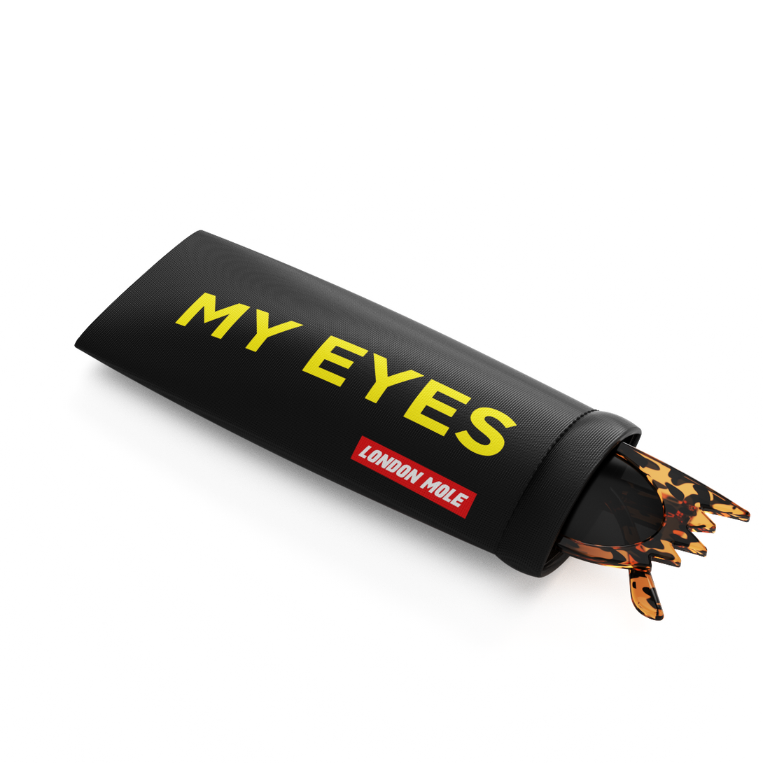 My Eyes glasses pouch in black with Yellow text – with glasses - LMP-EYES-Y