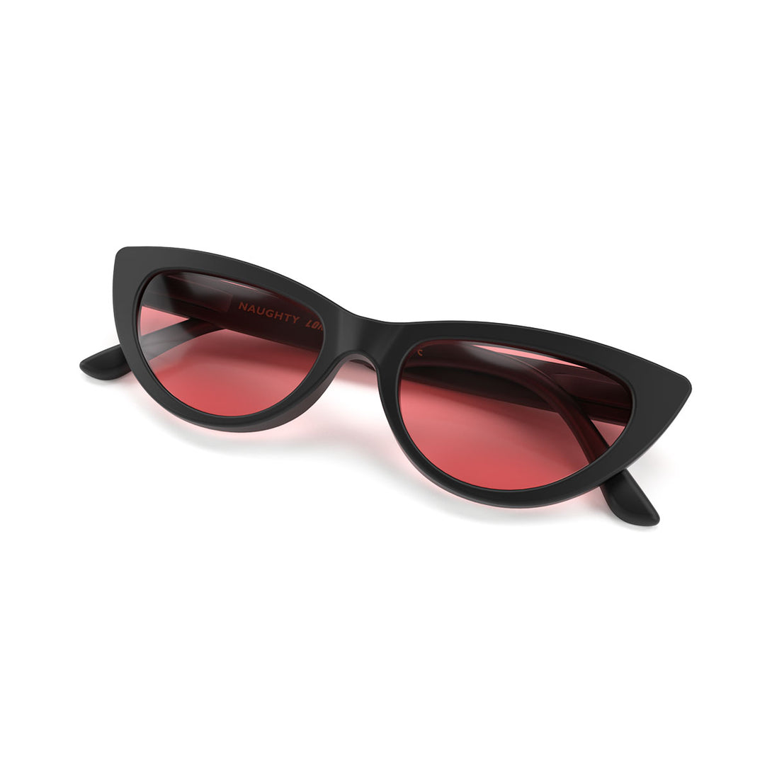 Folded skew - Naughty sunglasses in matt black featuring a classic cat-eye frame and red UV400 lenses. The perfect accessory.