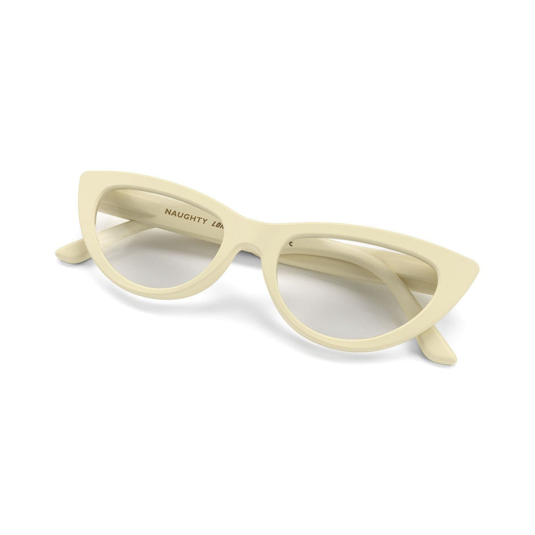 Folded skew - Naughty Reading Glasses in gloss cream featuring a classic cat-eye frame and provide crystal clear vision. Available in a + 1, 1.5, 2, 2.5, 3 prescriptions.