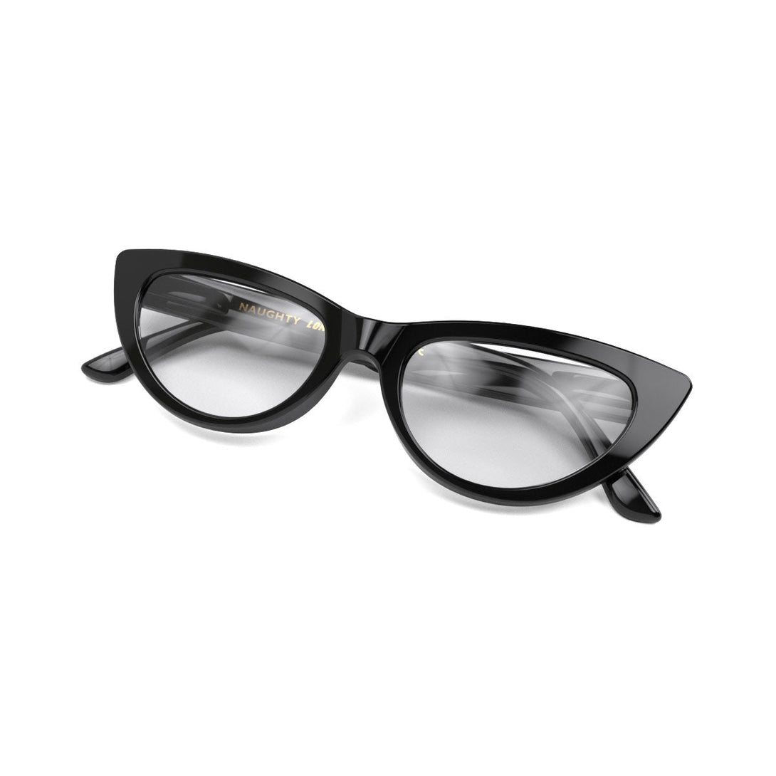 Folded skew - Naughty Blue Blocker Glasses in gloss black featuring a classic cat-eye frame and the ability to protect your eyes from artificial blue light. Ideal for fashion accessories, screen time, office work, gaming, scrolling on a mobile, and watching TV. 