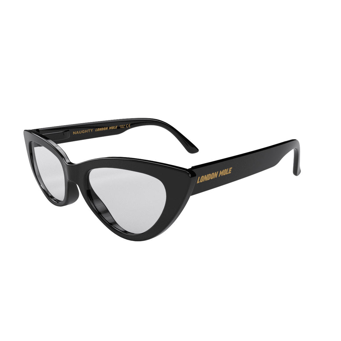 Open skew - Naughty Blue Blocker Glasses in gloss black featuring a classic cat-eye frame and the ability to protect your eyes from artificial blue light. Ideal for fashion accessories, screen time, office work, gaming, scrolling on a mobile, and watching TV. 