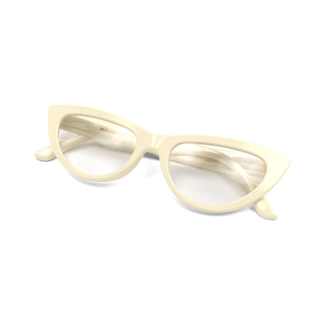 Folded skew - Naughty Blue Blocker Glasses in gloss cream featuring a classic cat-eye frame and the ability to protect your eyes from artificial blue light. Ideal for fashion accessories, screen time, office work, gaming, scrolling on a mobile, and watching TV. 