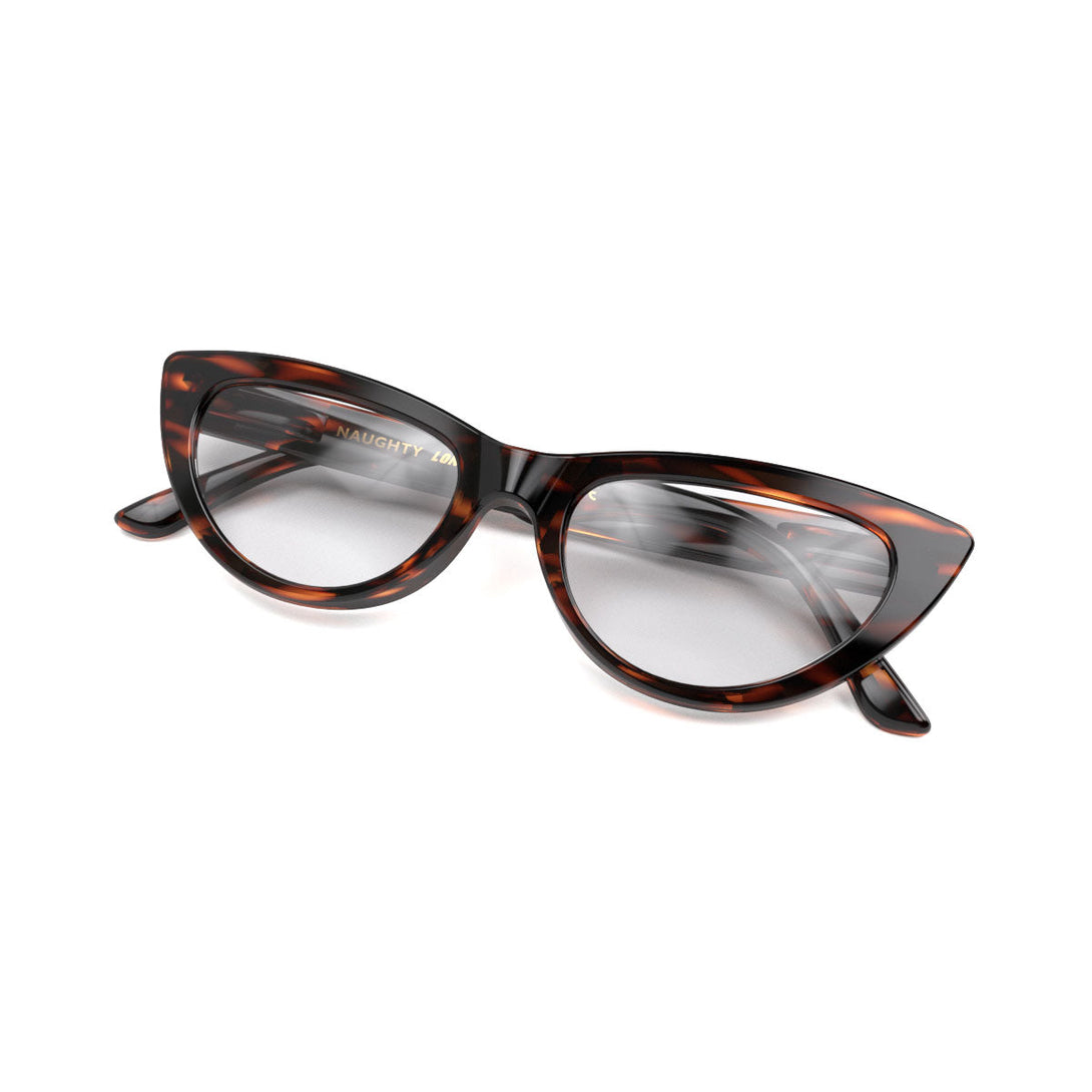 Folded skew - Naughty Blue Blocker Glasses in tortoiseshell featuring a classic cat-eye frame and the ability to protect your eyes from artificial blue light. Ideal for fashion accessories, screen time, office work, gaming, scrolling on a mobile, and watching TV. 