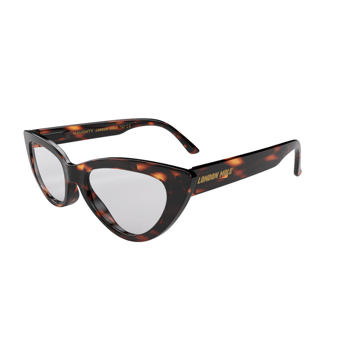 Open skew - Naughty Blue Blocker Glasses in tortoiseshell featuring a classic cat-eye frame and the ability to protect your eyes from artificial blue light. Ideal for fashion accessories, screen time, office work, gaming, scrolling on a mobile, and watching TV. 