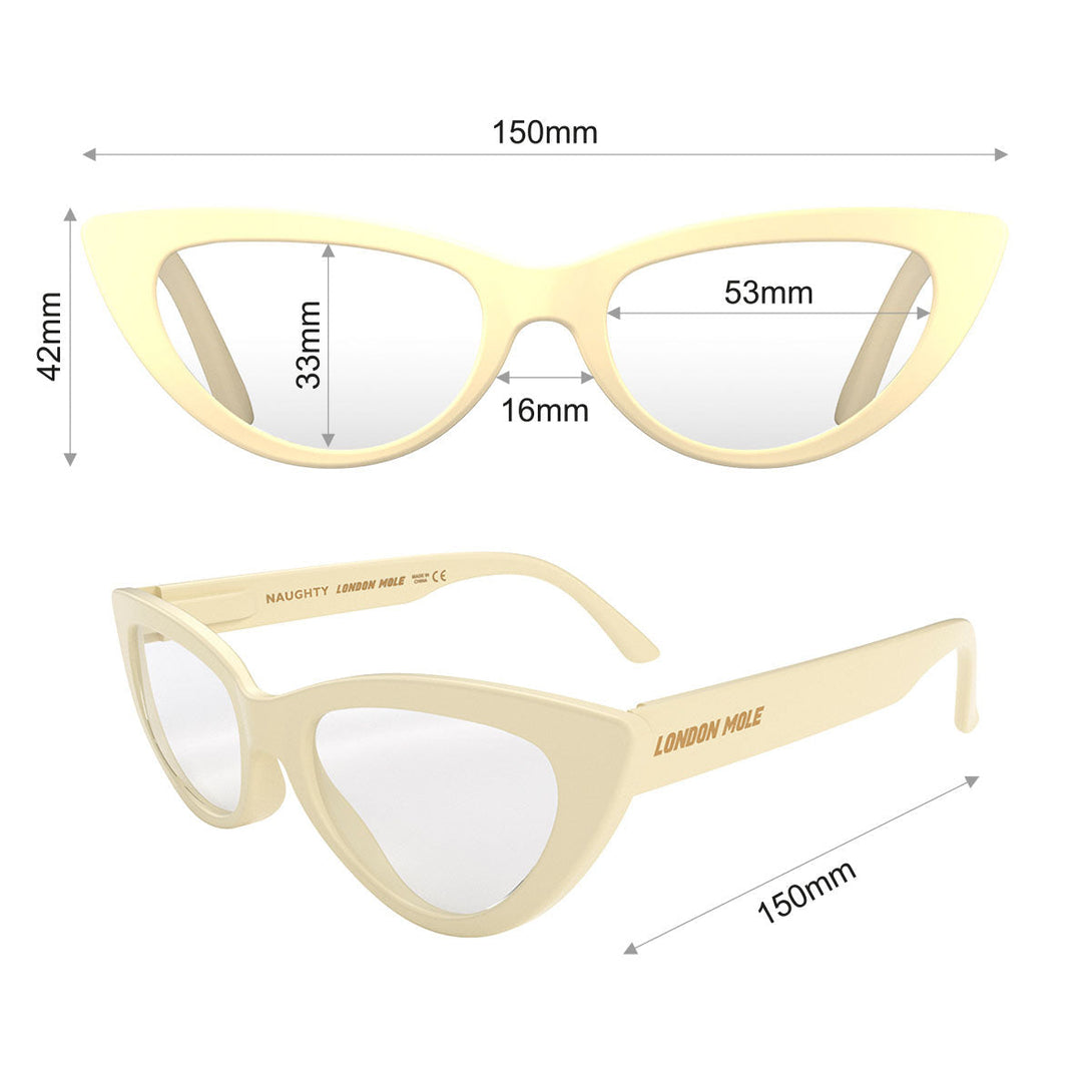Dimensions - Naughty Reading Glasses in gloss cream featuring a classic cat-eye frame and provide crystal clear vision. Available in a + 1, 1.5, 2, 2.5, 3 prescriptions.