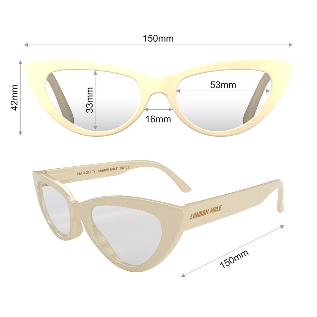 Dimensions - Naughty Blue Blocker Glasses in gloss cream featuring a classic cat-eye frame and the ability to protect your eyes from artificial blue light. Ideal for fashion accessories, screen time, office work, gaming, scrolling on a mobile, and watching TV. 