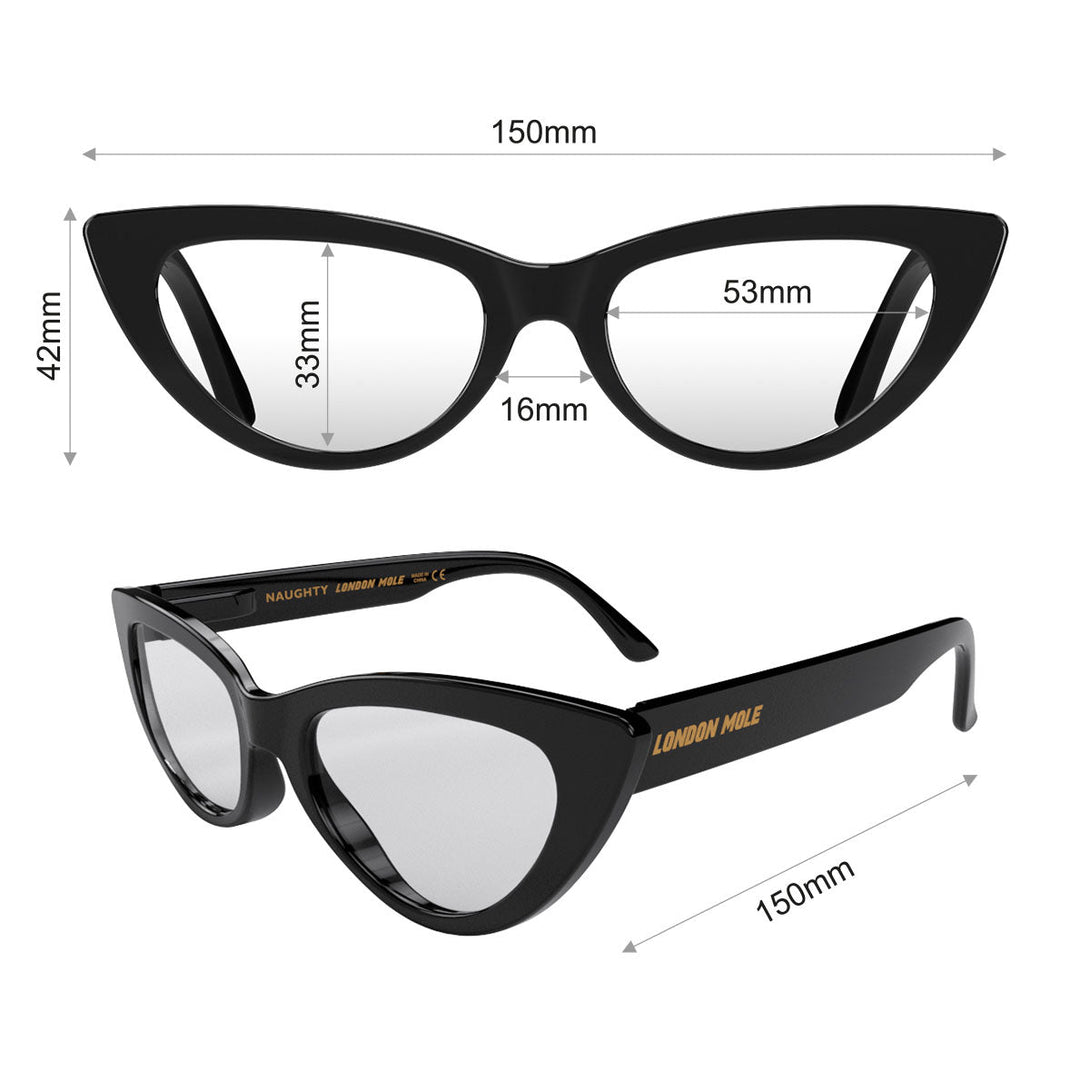 Dimensions - Naughty Blue Blocker Glasses in gloss black featuring a classic cat-eye frame and the ability to protect your eyes from artificial blue light. Ideal for fashion accessories, screen time, office work, gaming, scrolling on a mobile, and watching TV. 