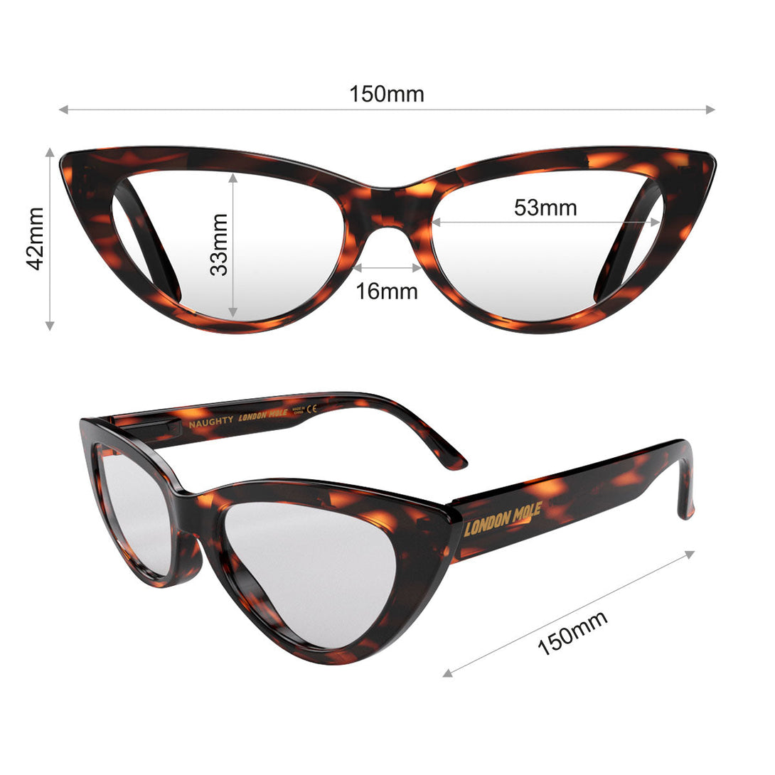 Dimensions - Naughty Blue Blocker Glasses in tortoiseshell featuring a classic cat-eye frame and the ability to protect your eyes from artificial blue light. Ideal for fashion accessories, screen time, office work, gaming, scrolling on a mobile, and watching TV. 