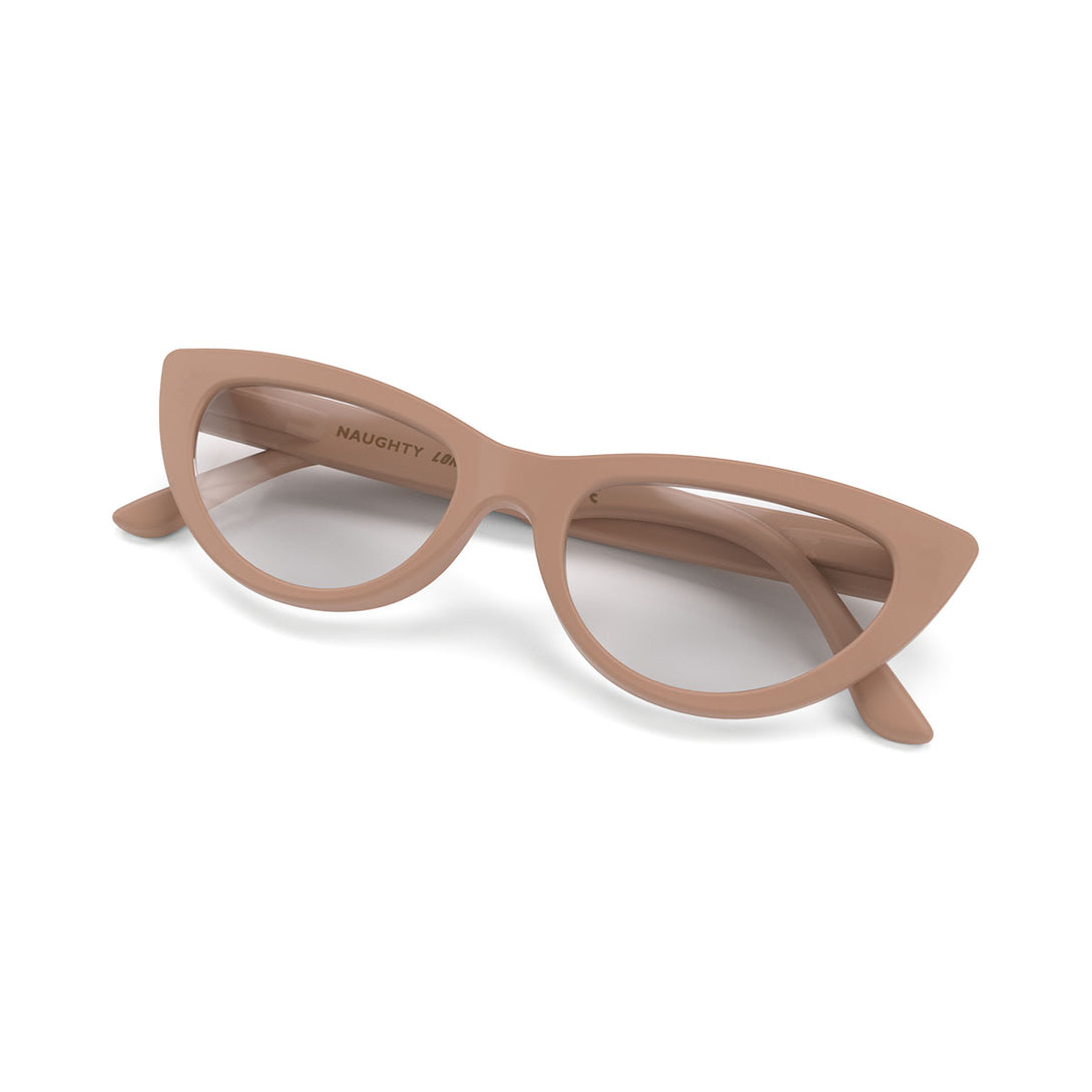 Front view folded of Blue Blocker Glasses by London Mole with Soft Pink Frames.