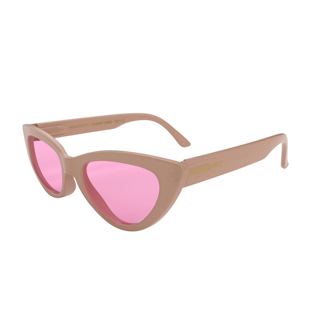 Side view of Naughty Sunglasses by London Mole with Soft Pink Frames and Pink Lenses