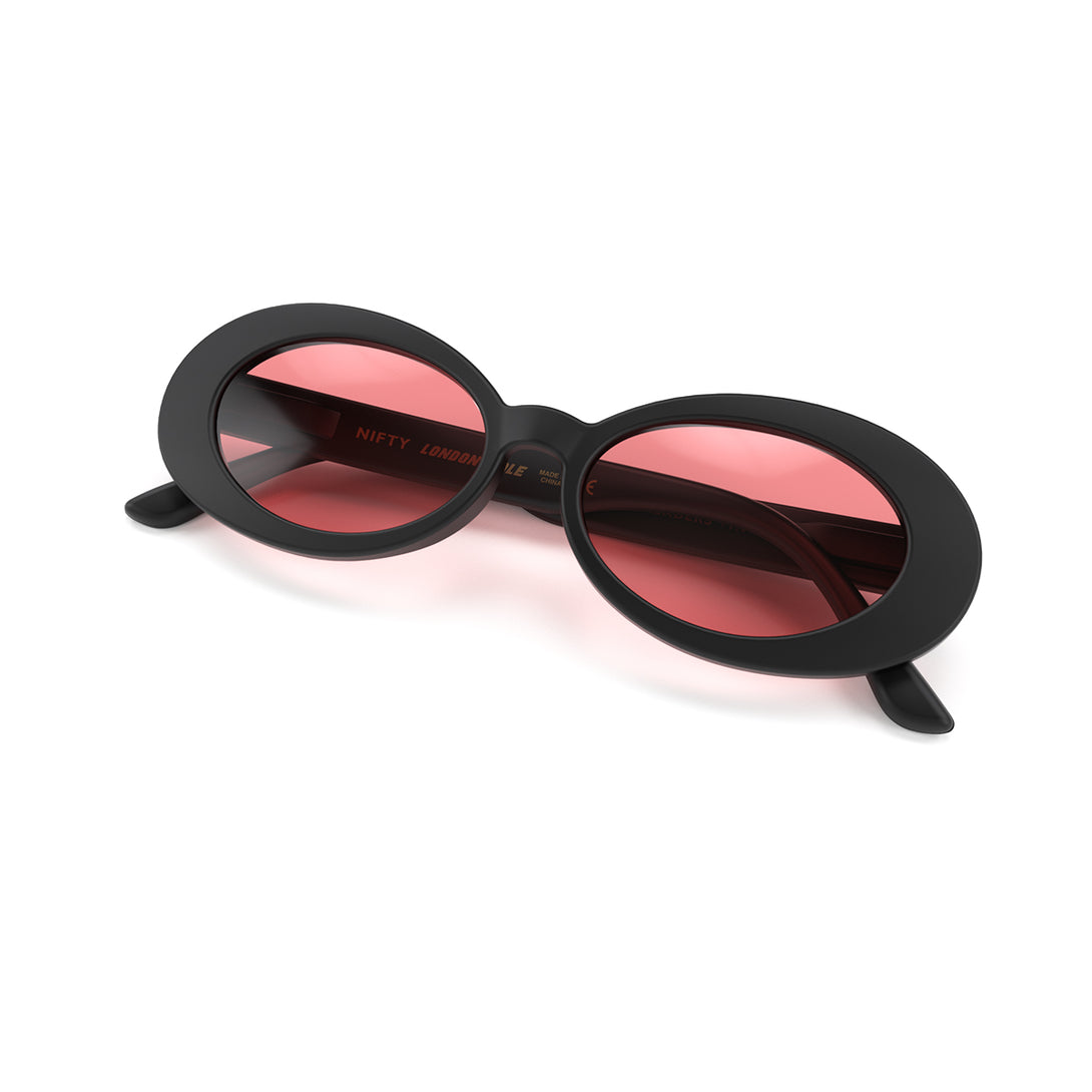 Front view folded of Nifty Sunglasses by London Mole with Black Frames and red Lenses
