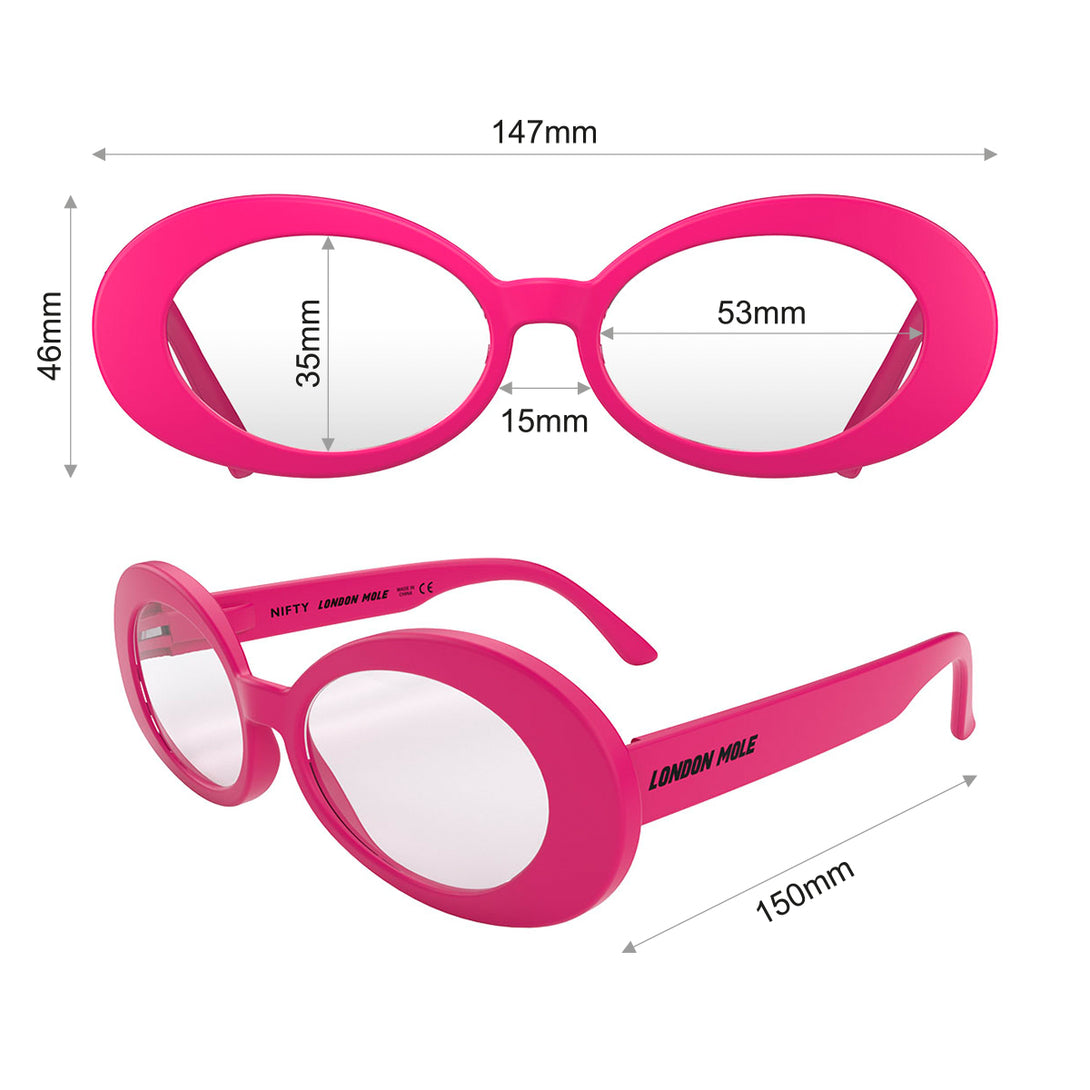 Dimension - Nifty Blue Blocker Glasses in matt pink featuring a bold, vintage oval frame and the ability to protect your eyes from artificial blue light. Ideal for fashion accessories, screen time, office work, gaming, scrolling on a mobile, and watching TV. 