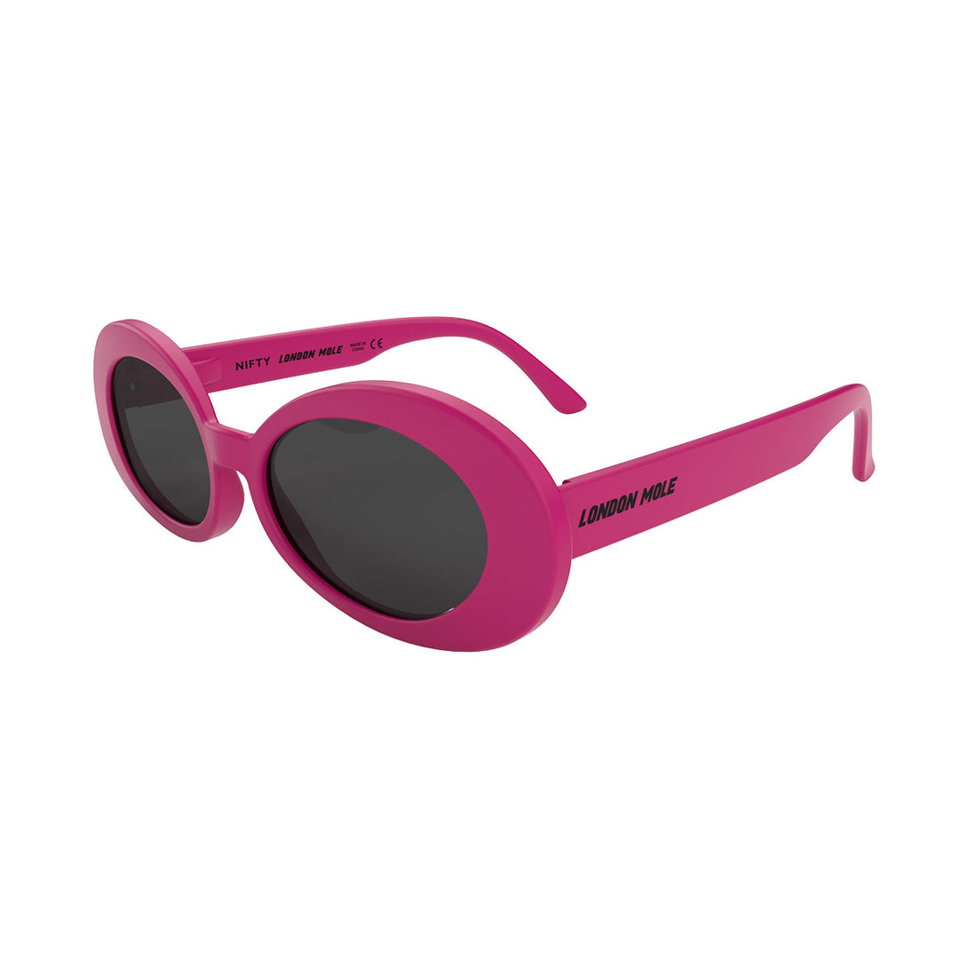 Side view of Nifty Sunglasses by London Mole with Pink Frames and Black Lenses