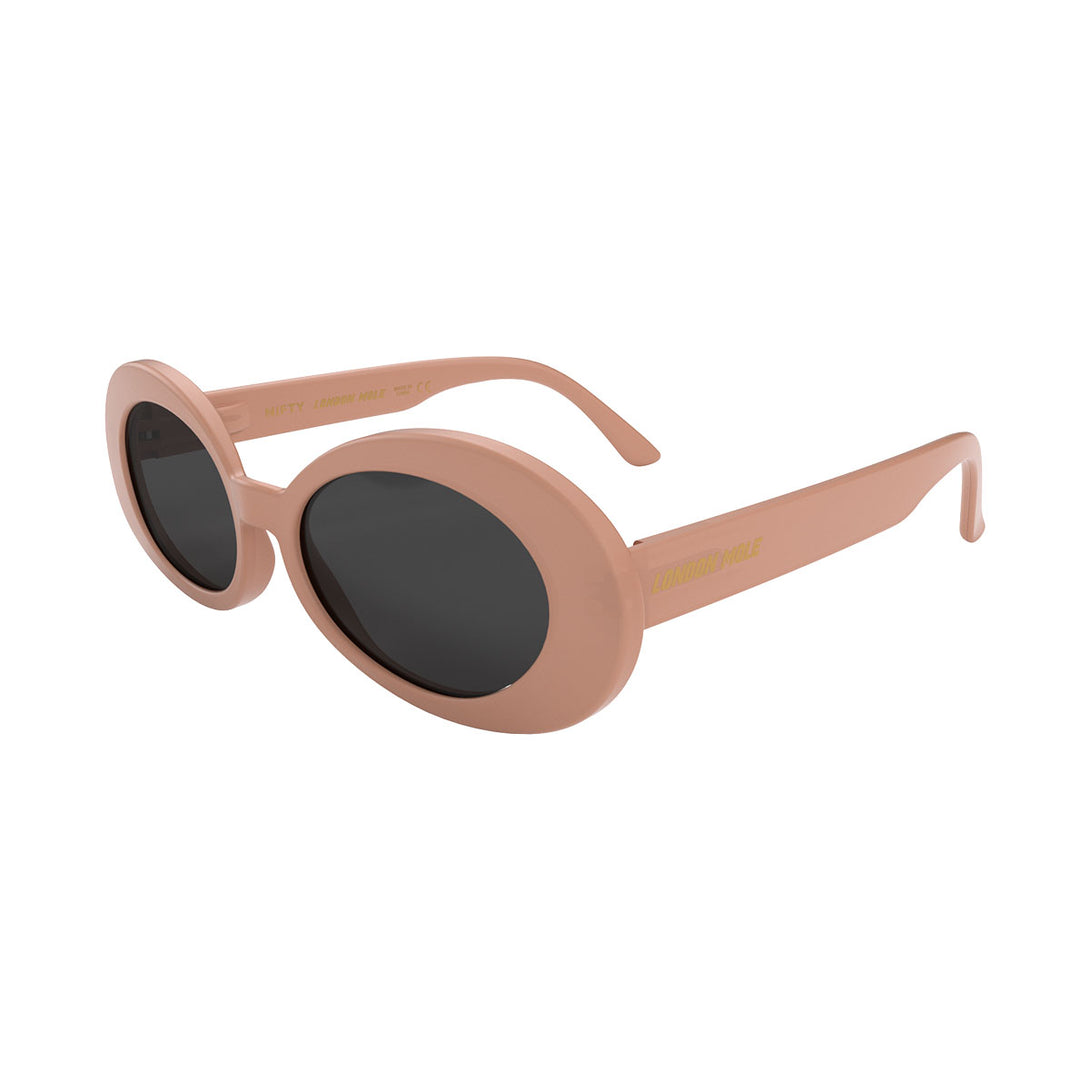 Side view of Nifty Sunglasses by London Mole with Soft Pink Frames and Black Lenses