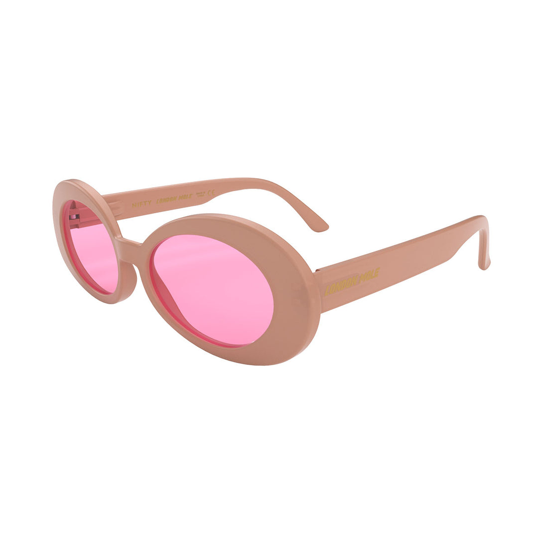 Side view of Nifty Sunglasses by London Mole with Soft Pink Frames and Pink Lenses