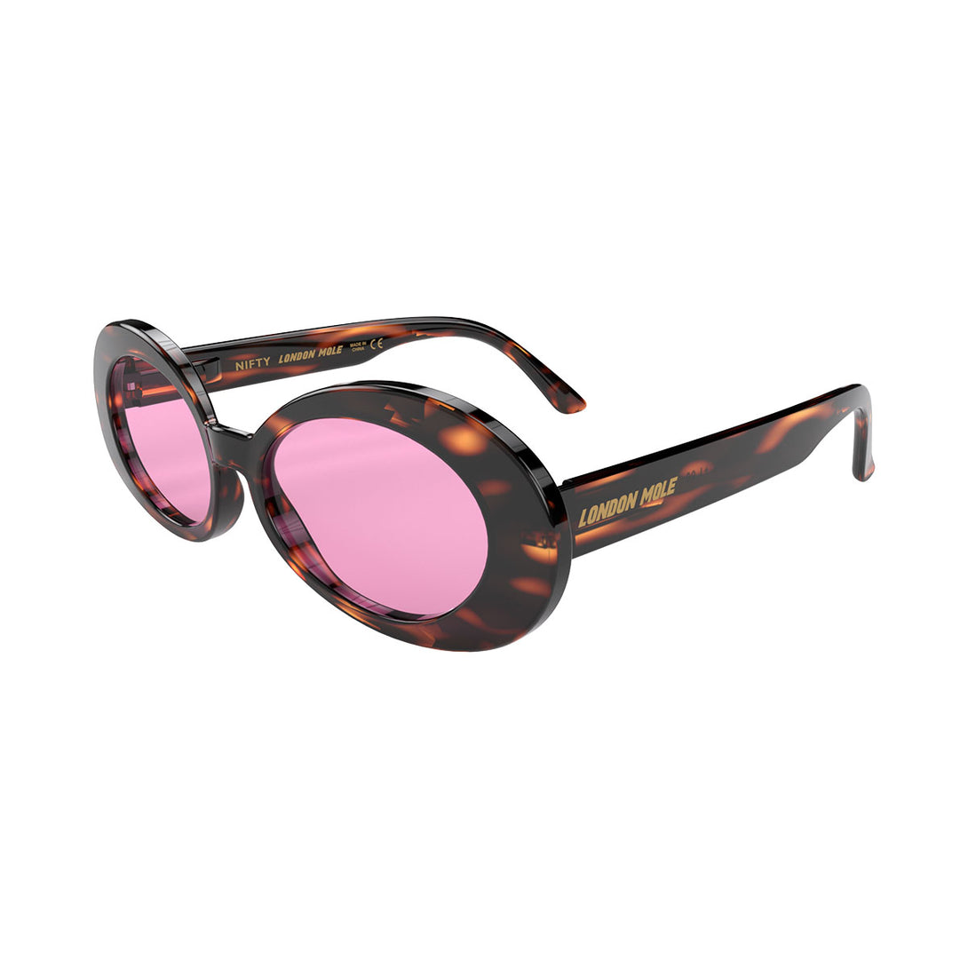 Front view of Nifty Sunglasses by London Mole with Gloss Tortoise Shall Frames and Pink Lenses
