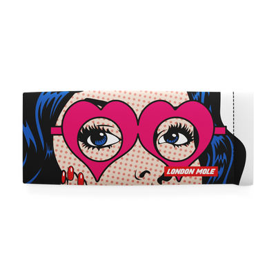 Pinky glasses pouch with female superhero comic strip design - front on