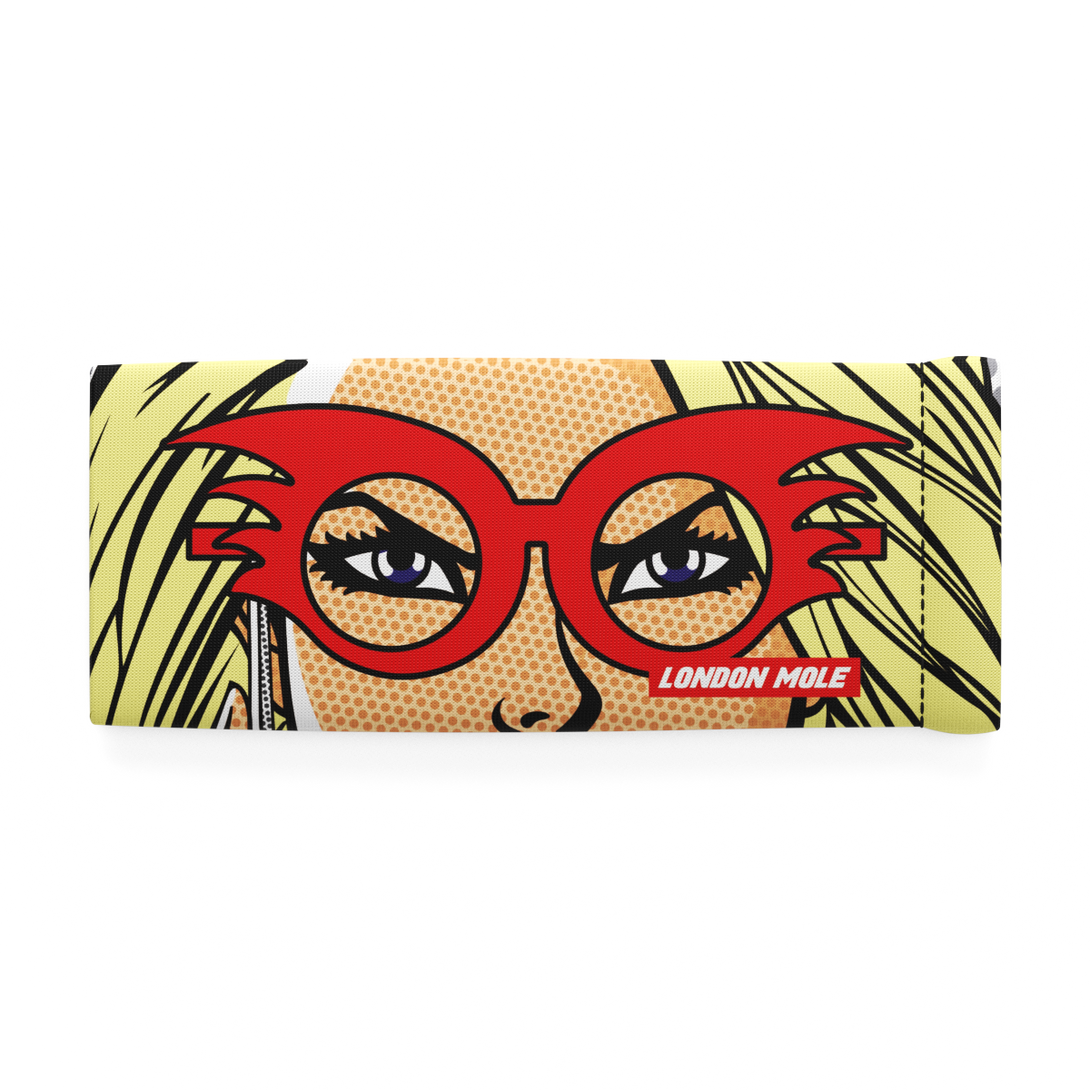  Red Panther glasses pouch with female superhero comic strip design - front on
