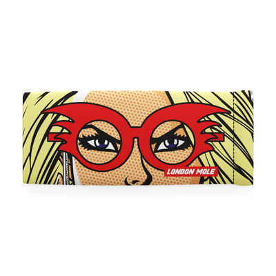  Red Panther glasses pouch with female superhero comic strip design - front on