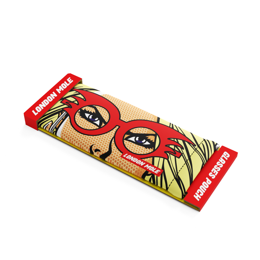 Red Panther glasses pouch with female superhero comic strip design by Newgate World in packaging