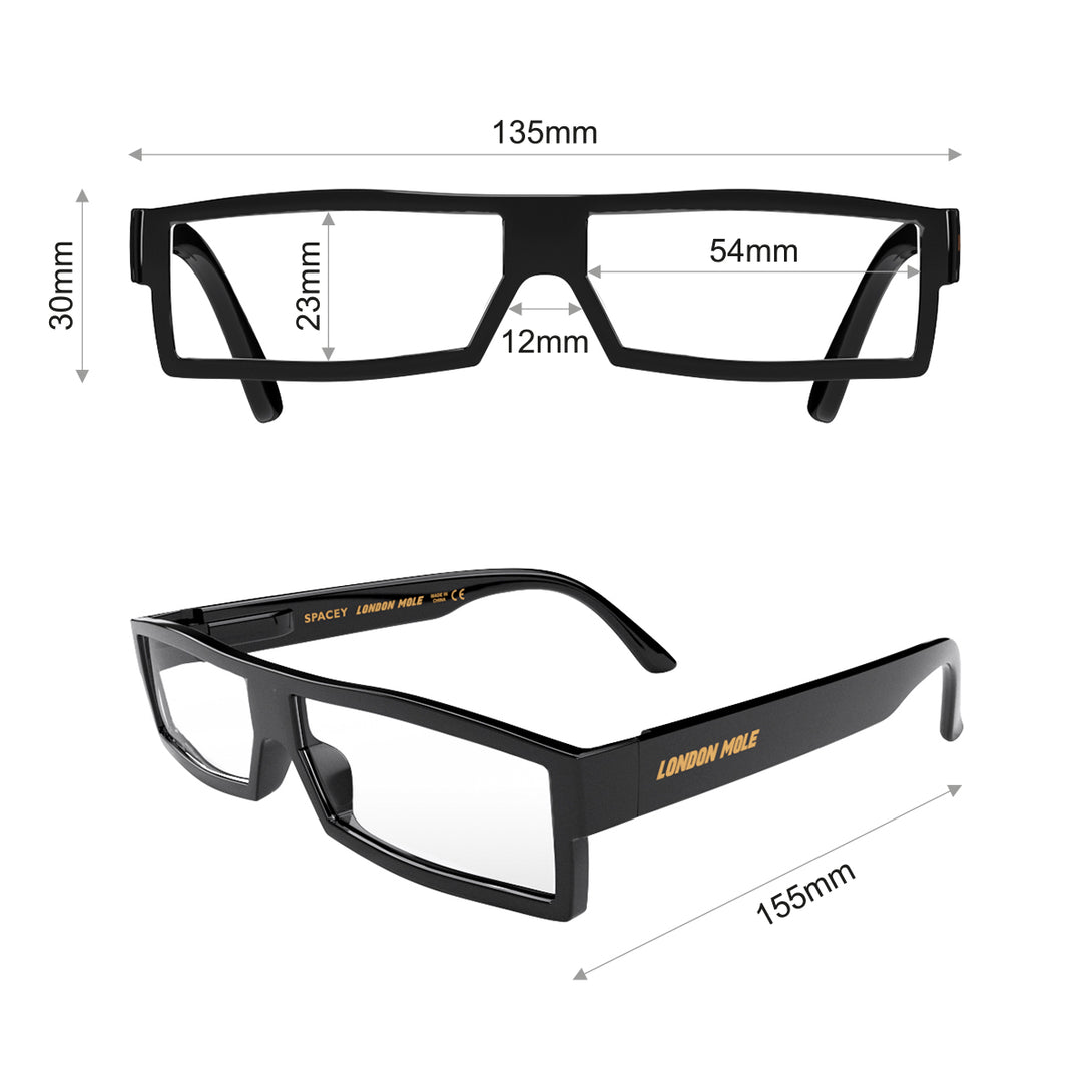 Dimensions - Spacey Reading Glasses in matt black featuring a modern rectangle frame with a utilitarian look and providing crystal clear vision. Available in a + 1, 1.5, 2, 2.5, 3 prescriptions.
