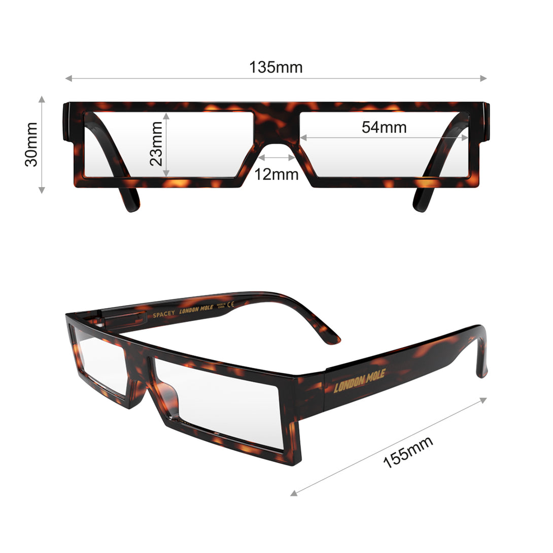 Dimensions - Spacey Reading Glasses in gloss tortoiseshell featuring a modern rectangle frame with a utilitarian look and providing crystal clear vision. Available in a + 1, 1.5, 2, 2.5, 3 prescriptions.
