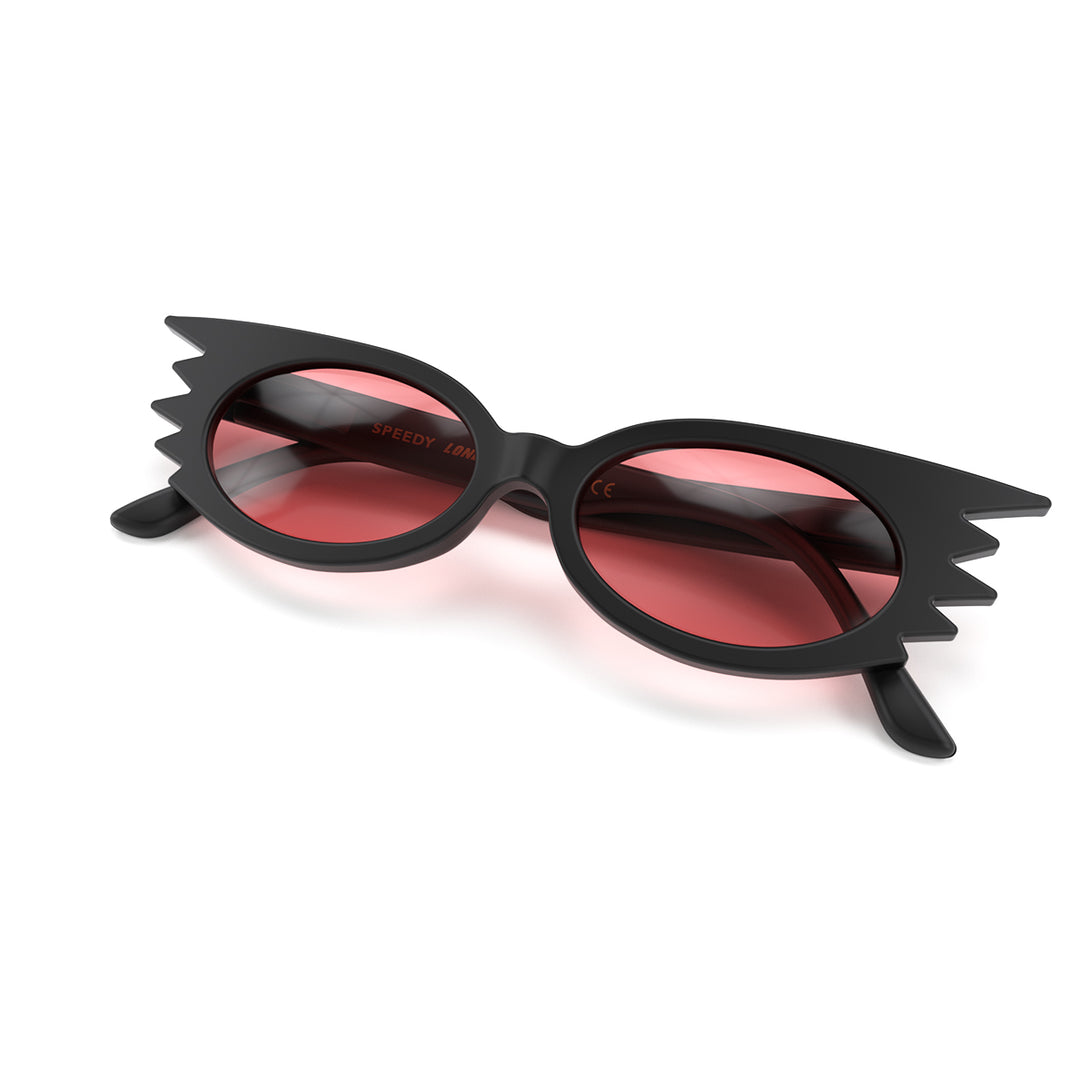 Front view folded of Speedy Sunglasses by London Mole with Black Frames and Red Lenses