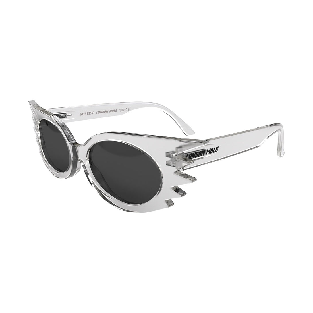 Side view of Speedy Sunglasses by London Mole with Transparent Frames and black Lenses