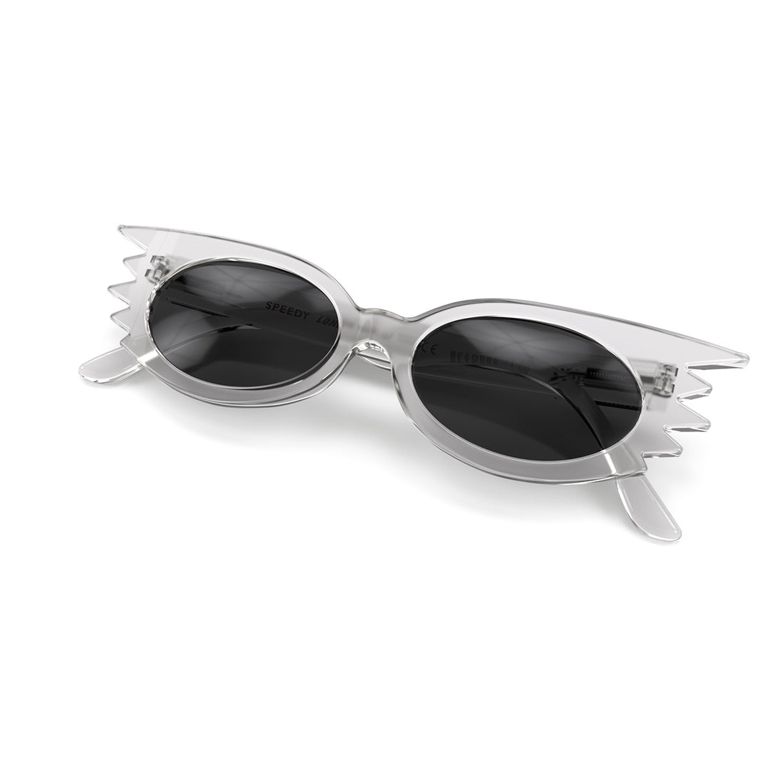 Front view folded of Speedy Sunglasses by London Mole with Transparent Frames and Black Lenses