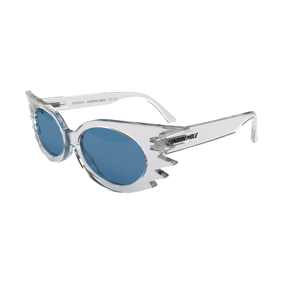 Side view of Speedy Sunglasses by London Mole with Transparent Frames and Blue Lenses