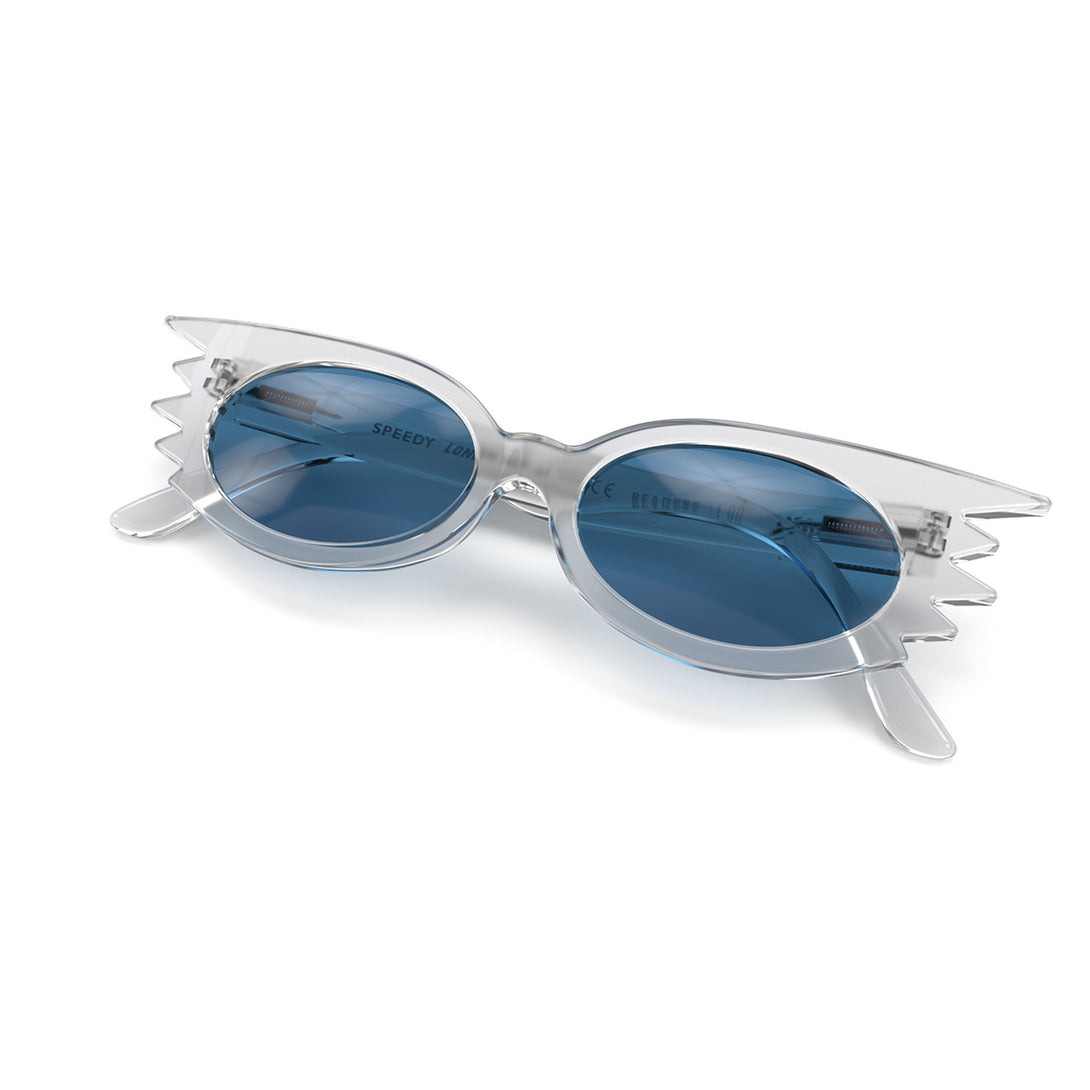 Front view folded Speedy Sunglasses by London Mole with Transparent Frames and Blue Lenses
